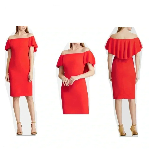 Lauren Ralph Lauren Red Off Shoulder Dress Size 6 - Picture 1 of 8
